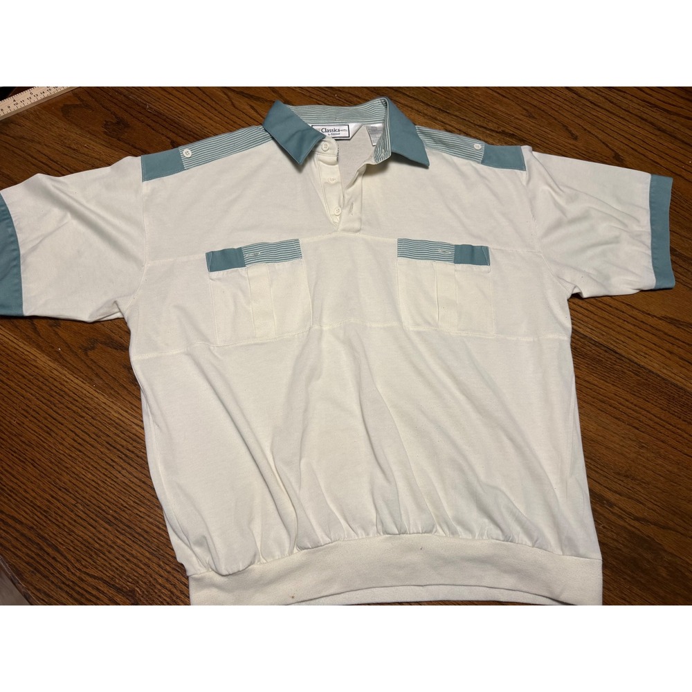 Vintage Classics by Palmland Mens Large Banded Bottom Polo Shirt Cream Teal 1079